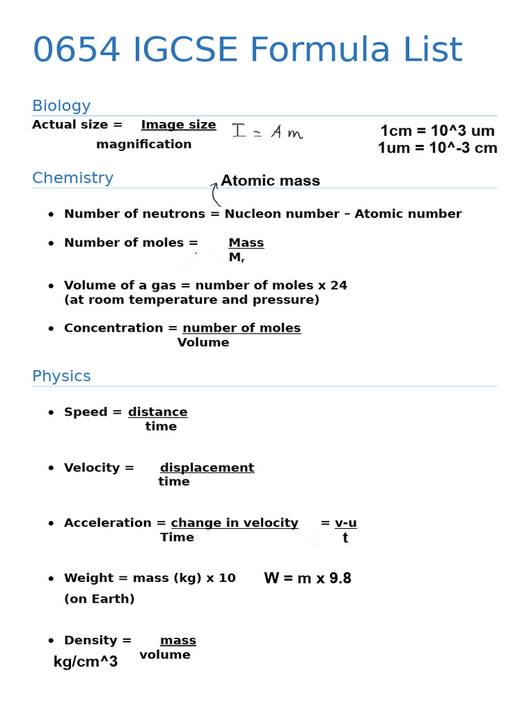0654 IGCSE Formula List | PDF