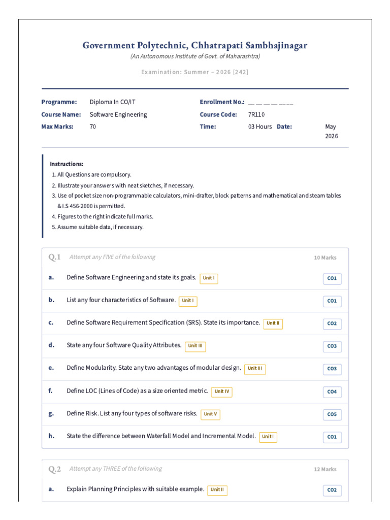 Software Engineering – Predicted Question Paper 2026 | PDF | Agile ...