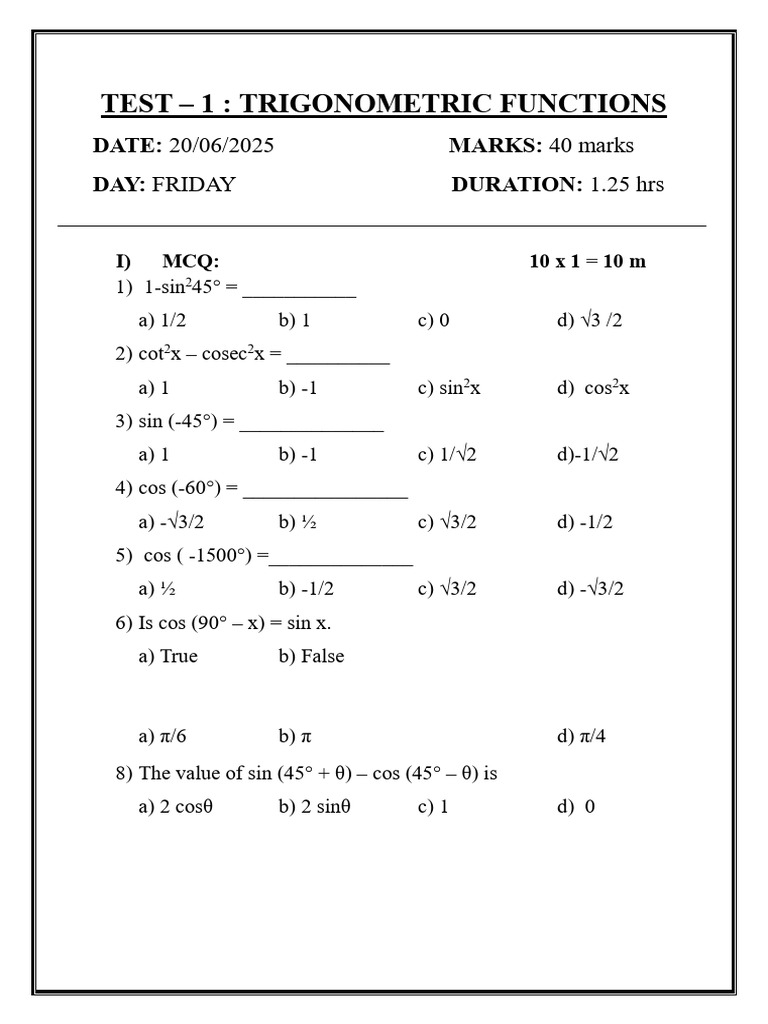 TEST - 2 Trigonometric Functions - Copy | PDF | Angle | Geometric ...