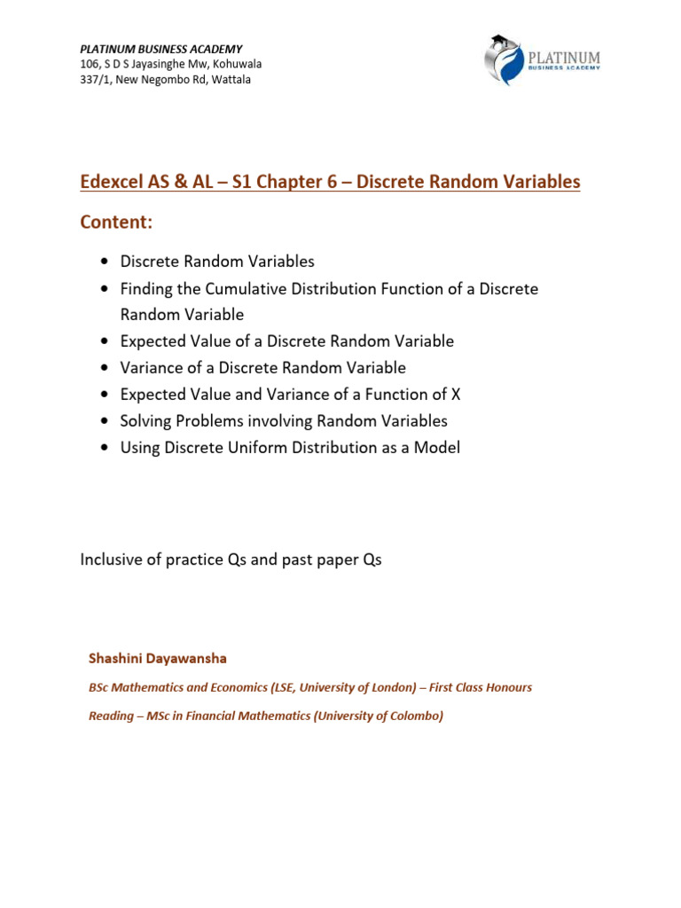 PDF S1 Chapter 6 | PDF | Probability Distribution | Variance