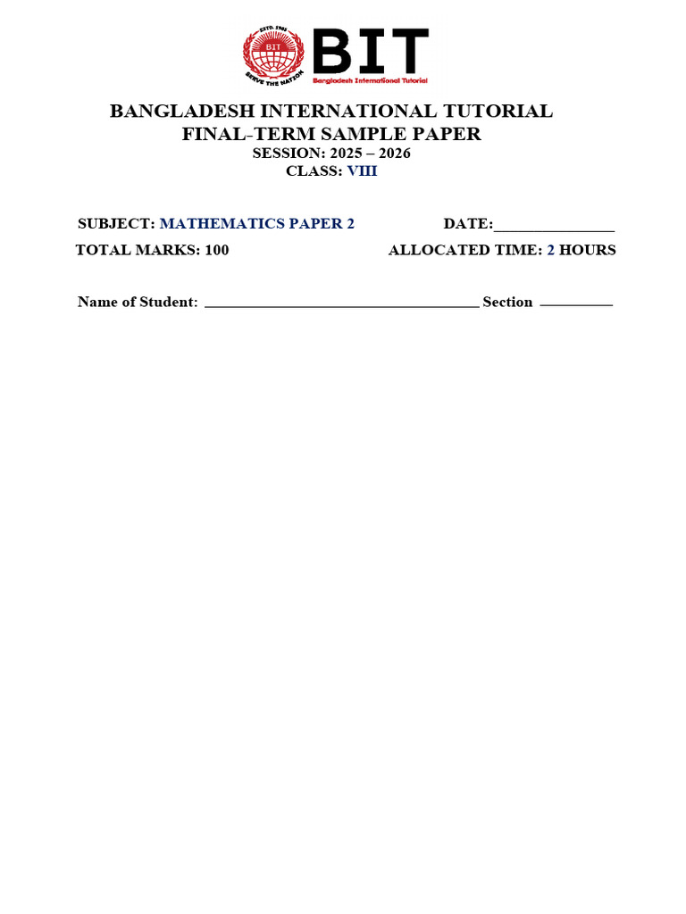 Mathematics Viii Sample Question Paper 2 (2025-2026) Final Term | PDF ...
