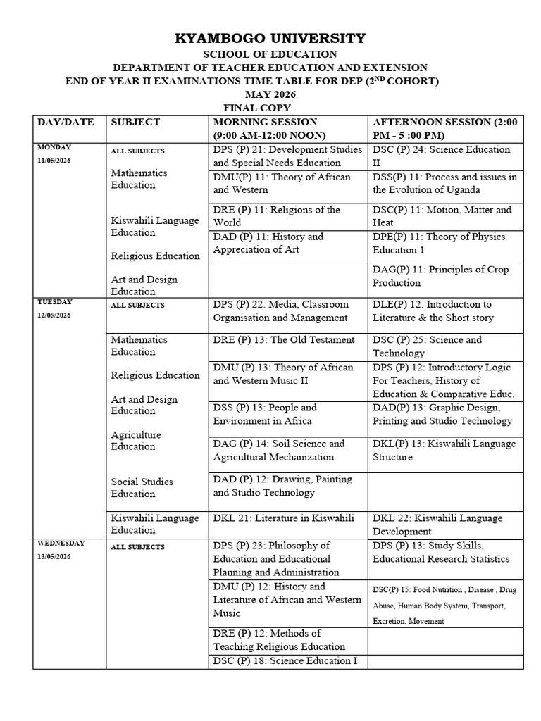 Time Table for Dep -Draft Dep 2nd Cohort April 2026 (1) | PDF | Science