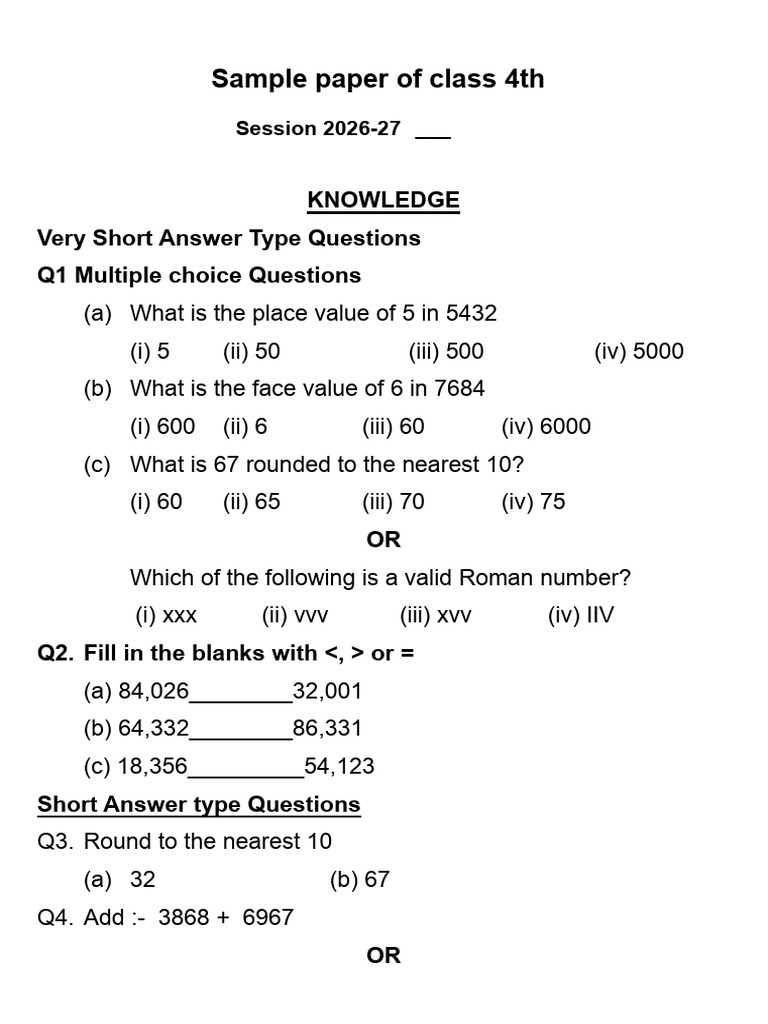 Class 4th Sample Paper | PDF