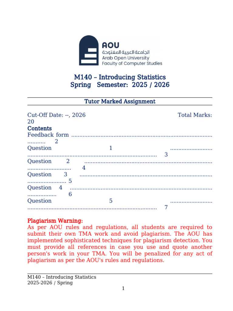 M140_TMA_Spring_ 2025-2026 (1) | PDF | Standard Deviation | Statistics