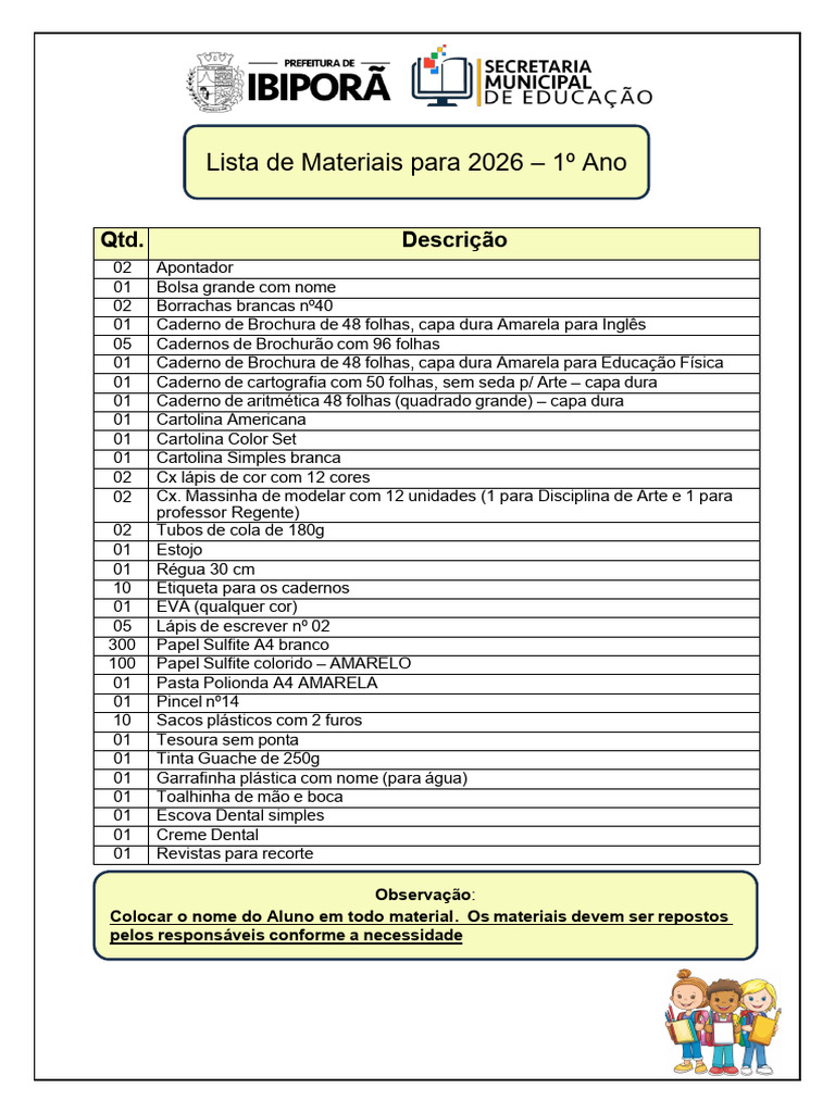 Lista de Material - 1º Ano | PDF