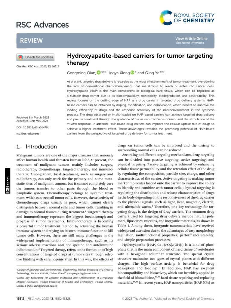 Hydroxyapatite-based Carriers for Tumor Targeting Therapy | PDF ...