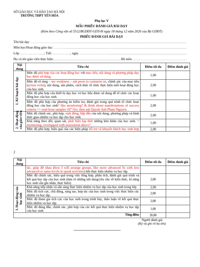 Phu Luc 5.CV 5512 - Mau Phieu Danh Gia Bai Day | PDF