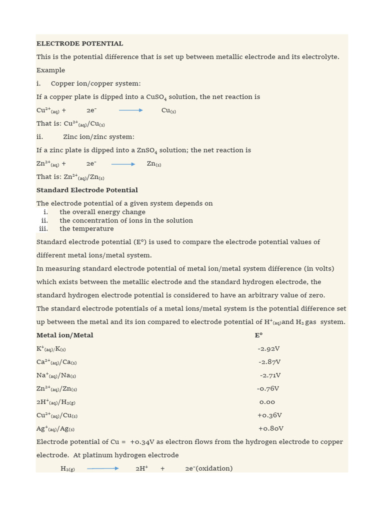 Chemistry Ss2 Electrode-potential Note | PDF | Redox | Electrode