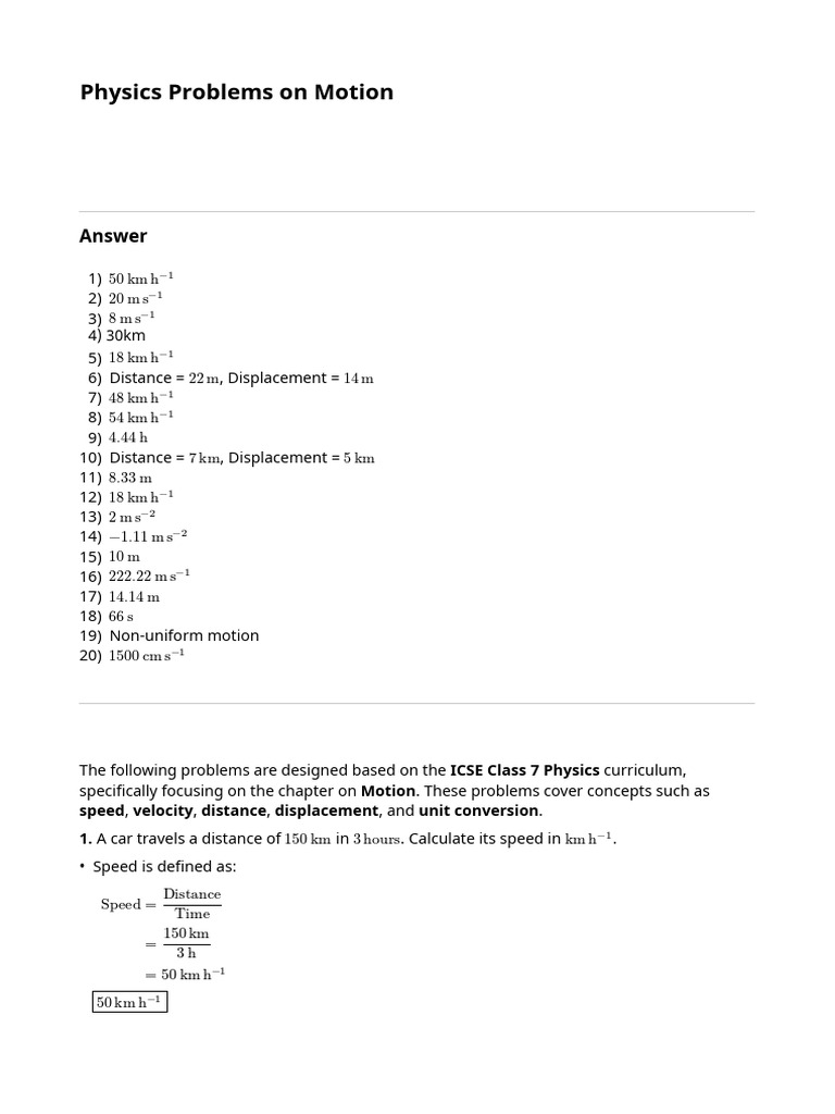 Physics Sums on Motion | PDF | Speed | Velocity