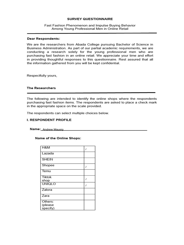 Final Survey Questionnaire g4 | PDF | Fashion | Online Shopping