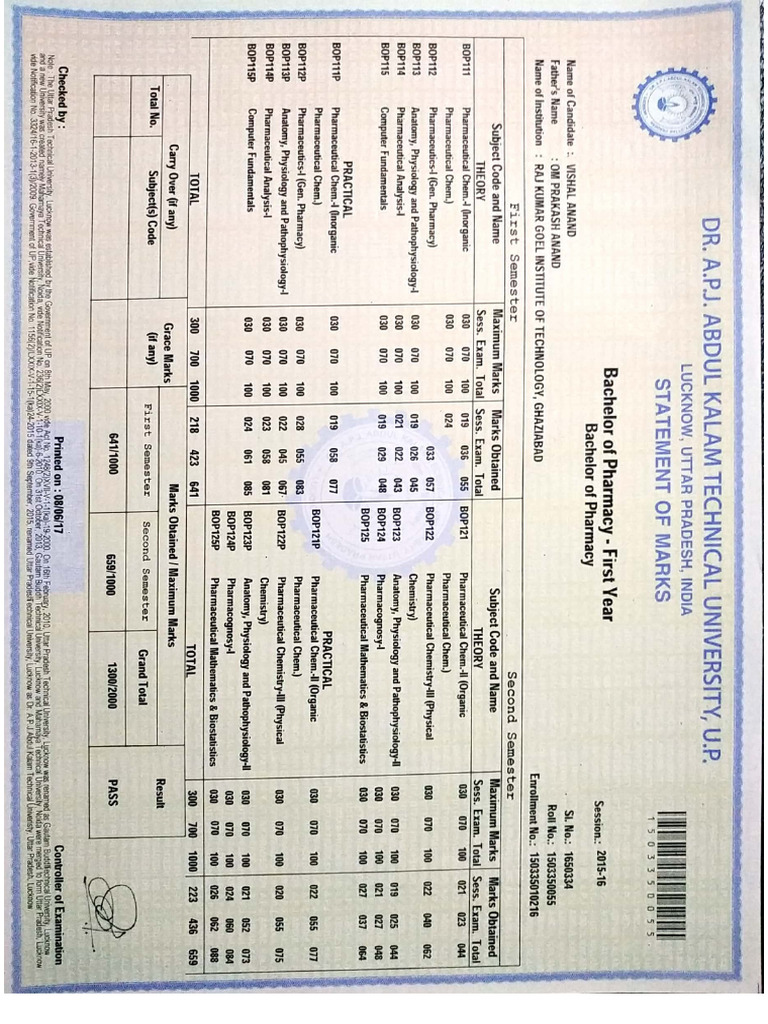 B.pharm Marksheet 1st Year (2) | PDF