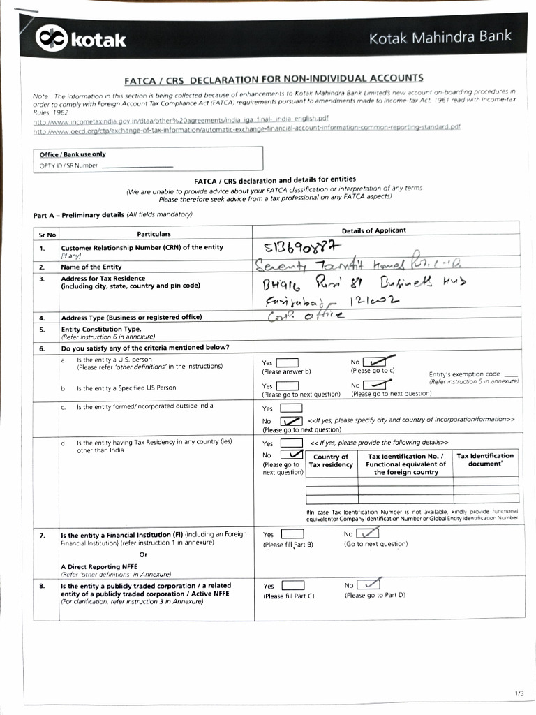 Fatca Form Kotak (1) | PDF