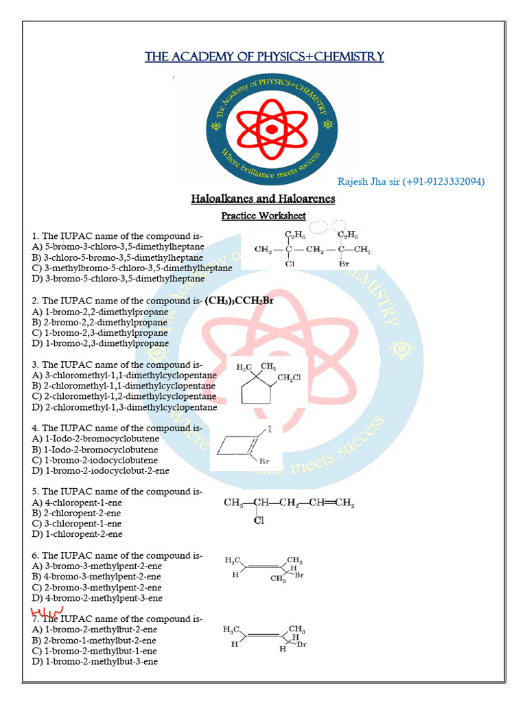 Halohydrocarbon Practice Worksheet 1 | PDF | Organic Chemistry | Chemistry