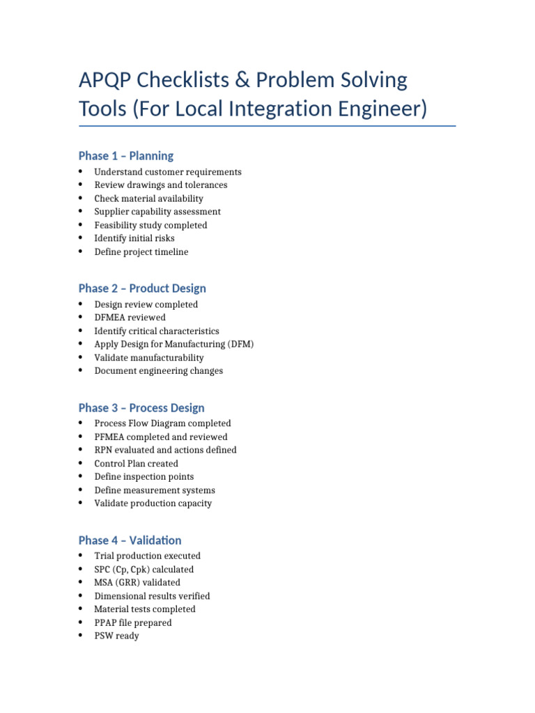 APQP Checklists Tools | PDF