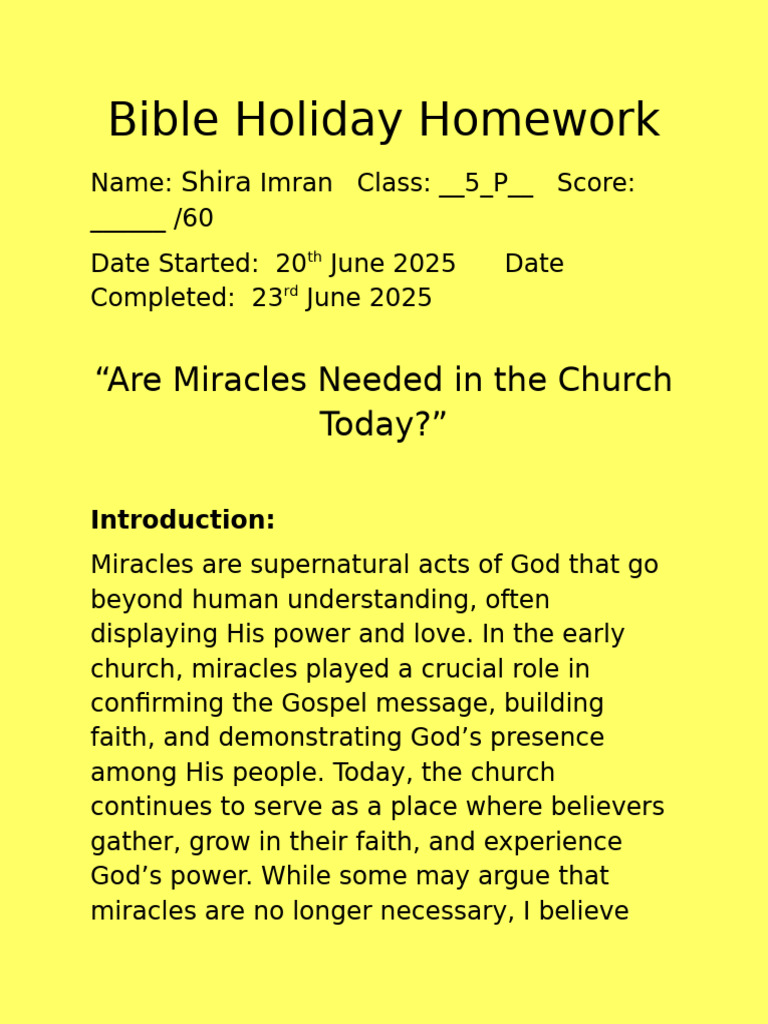 Bible Holiday Homework | PDF | Miracle | God
