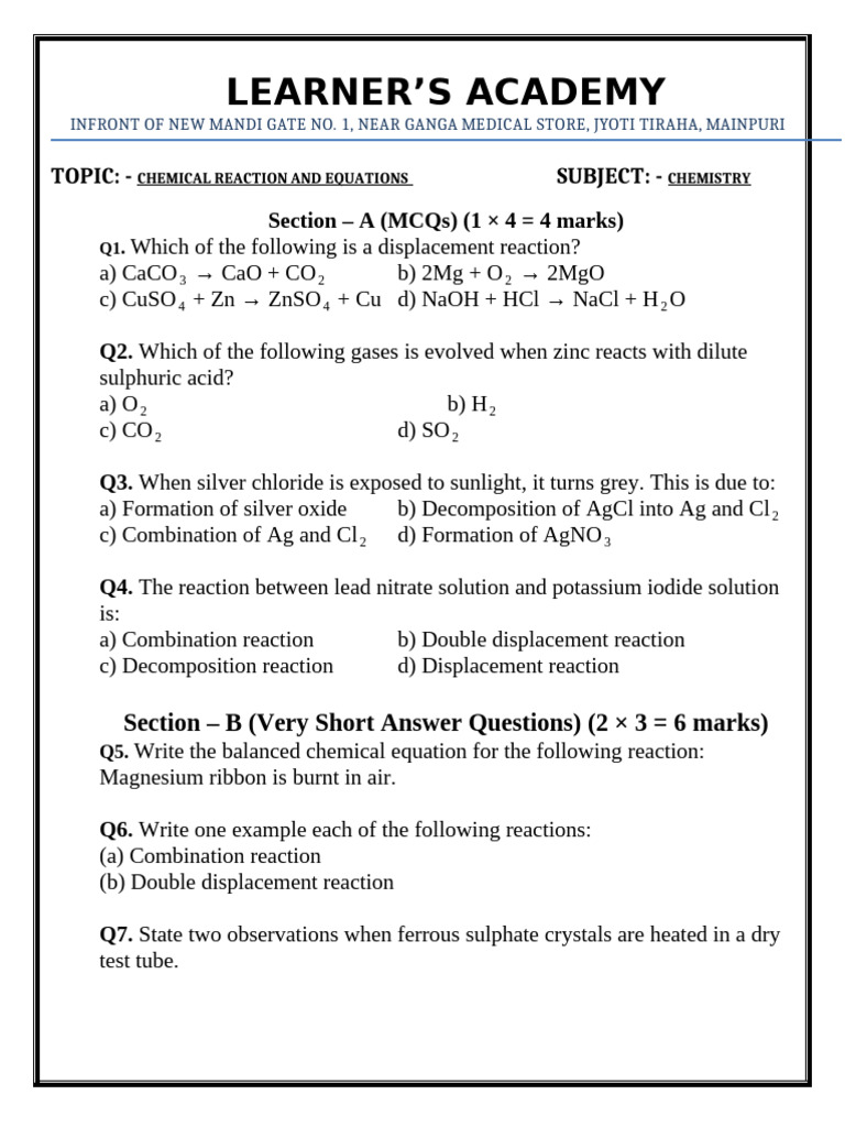 Chemical Reaction and Equations Test Paper | PDF | Chemical Reactions ...