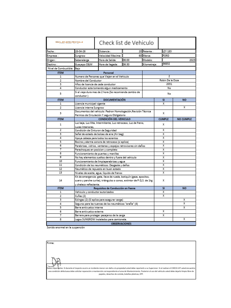 Check List de Vehiculo | PDF | Neumático | Airbag