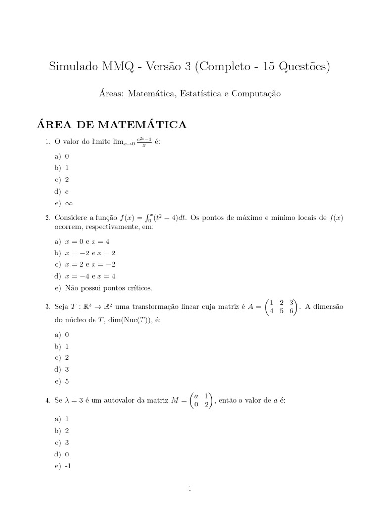 Simulado 2 MMQ | PDF | Complexidade do tempo | Autovalores e autovetores