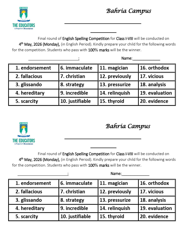 ENGLISH SPELLATHON 2026 Final Round | PDF