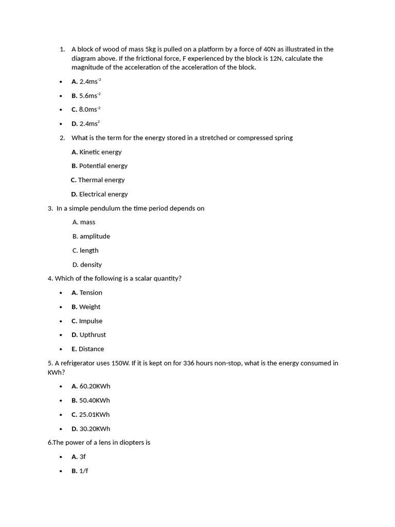 Physics Questions 093111 | PDF | Force | Water