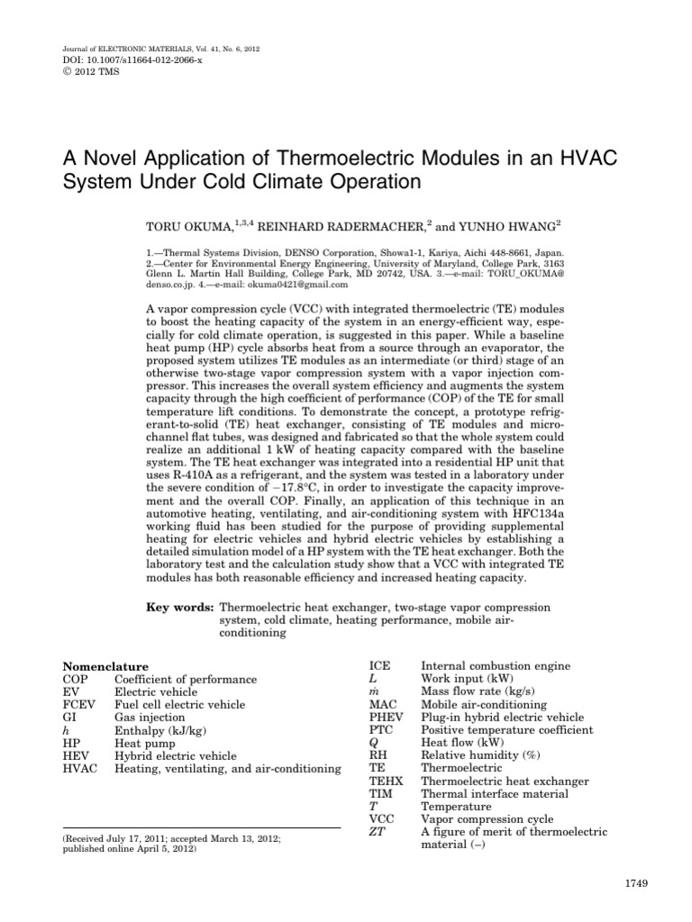 A Novel Application of Thermoelectric Modules in an HVAC System Under ...
