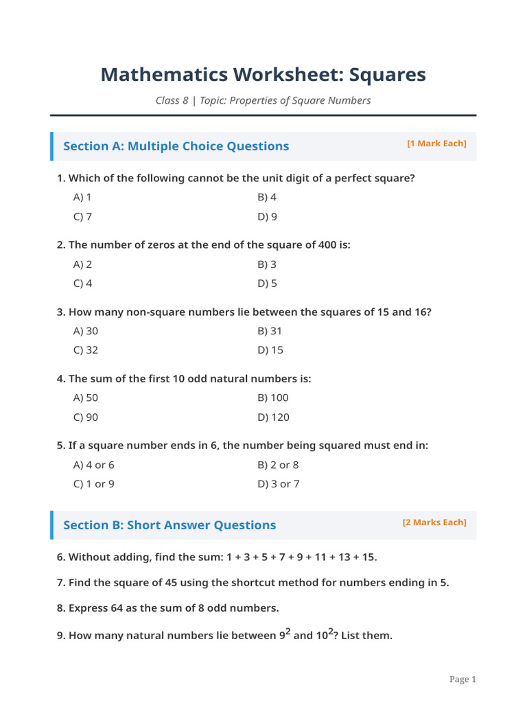 Class 8 Maths Worksheet Topic Square | PDF | Numbers | Mathematical Objects