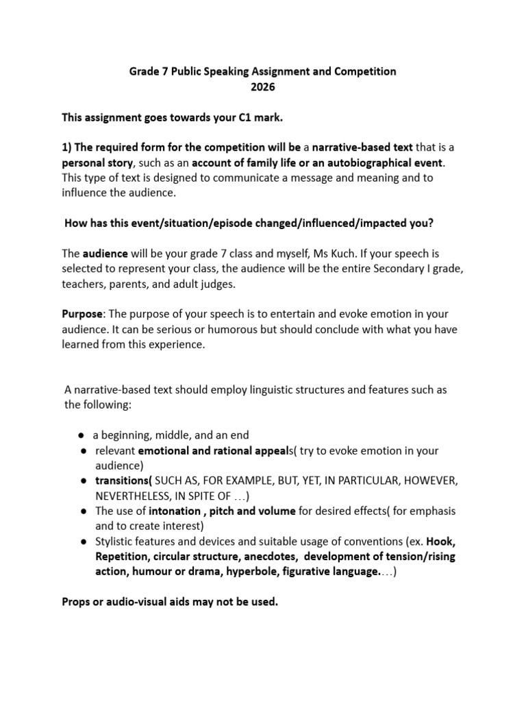Grade 7 Public Speaking Assignment and Competition.2026 | PDF | Public ...