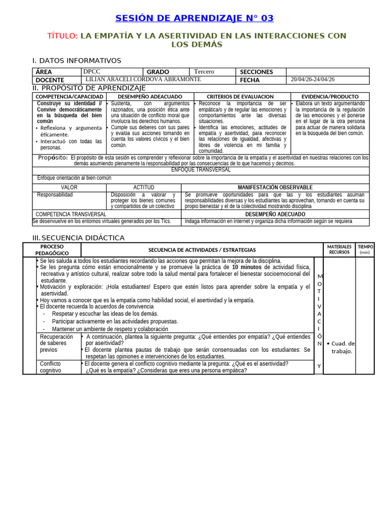 Unidad 1 - Sesión 3 - Sem 3 - DPCC 3° | PDF | Empatía | Las emociones