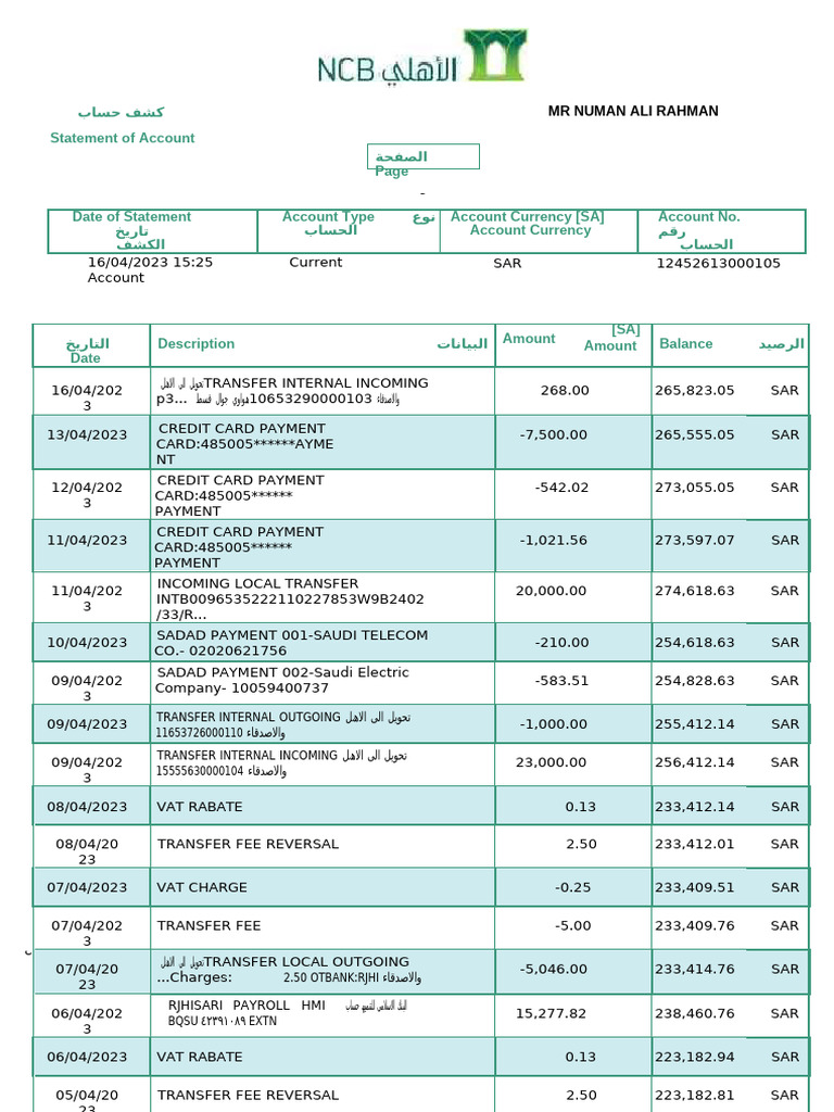 Saudi Arabia Ksa Bank Statement | PDF | Credit Card | Payments