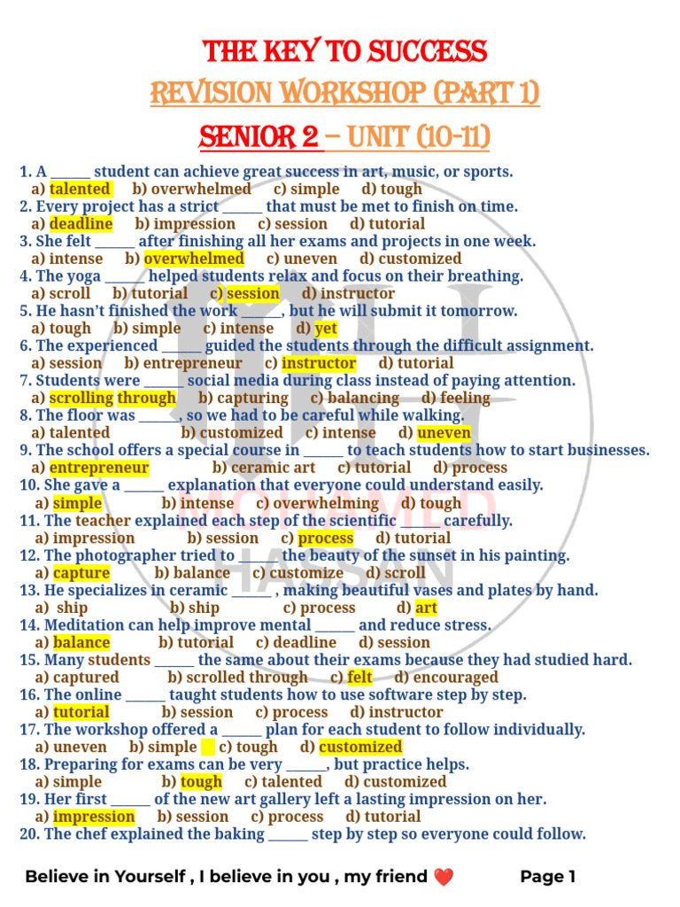 Answers of Workshop S2 Units 10-11 | PDF | Dehydration
