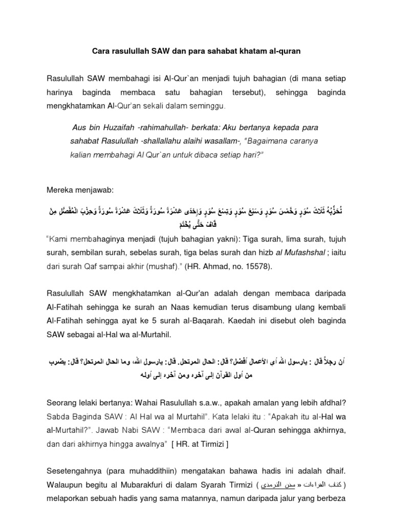 Cara Rasulullah Saw Dan Para Sahabat Khatam Al Quran