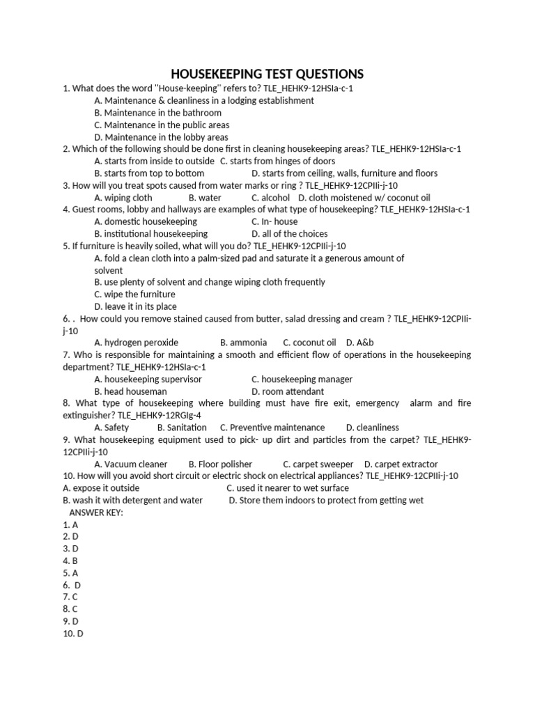 Housekeeping Test Questions | PDF | Housekeeping | Cleaning