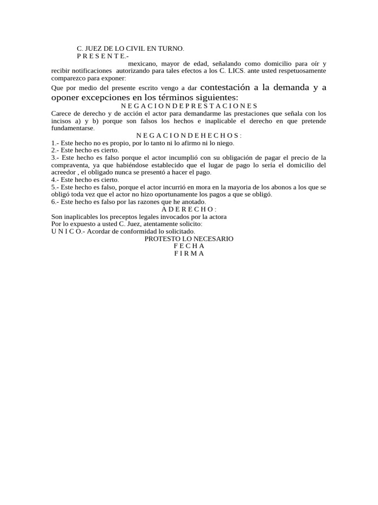 Contestación A La Demanda y A Oponer Excepciones en Los Términos ...