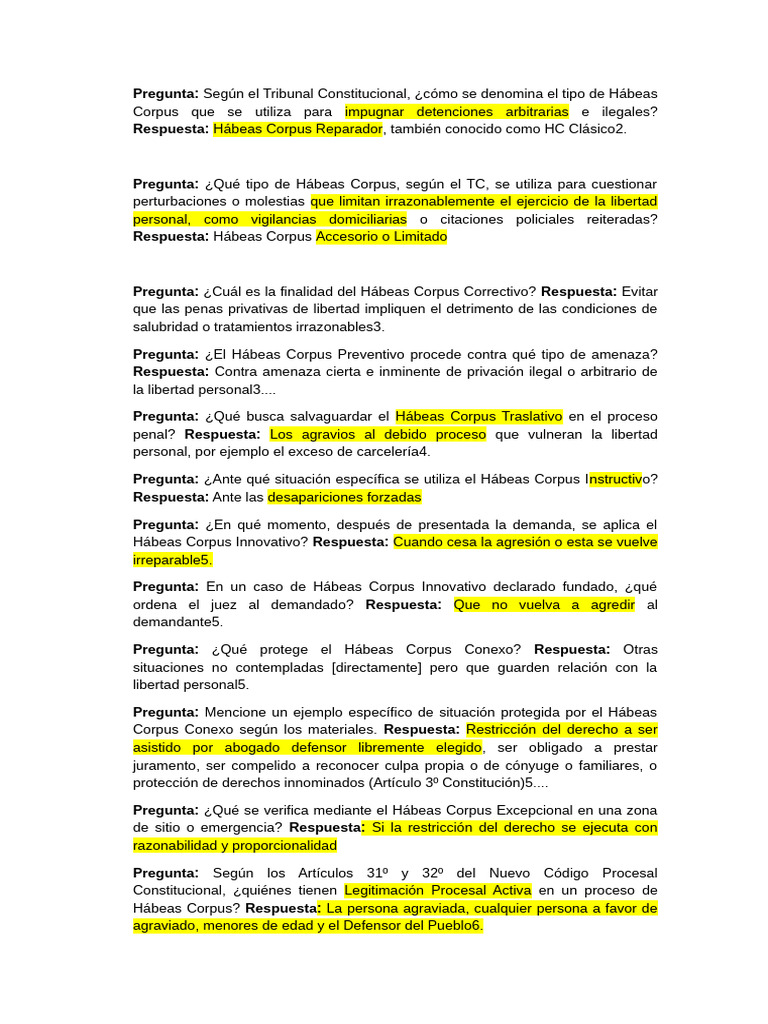 Banco de Preguntas Habeas Corpus y Proceso de Amparo | PDF | Habeas ...