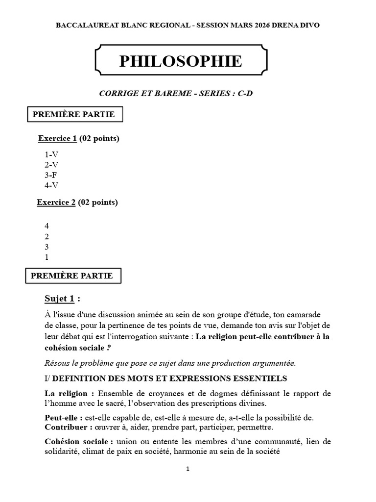 Philo - Corrige 1 Bac D | PDF | Conscience | Inconscient