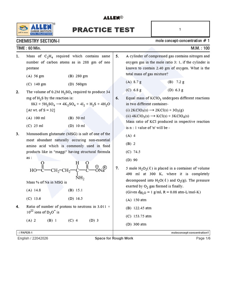 Moleconcept Concentration1 Allen | PDF | Mole (Unit) | Magnesium