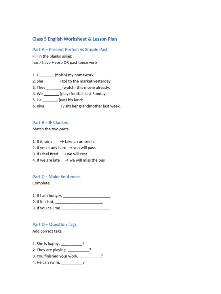 Class 5 English Worksheet Lesson Plan | PDF