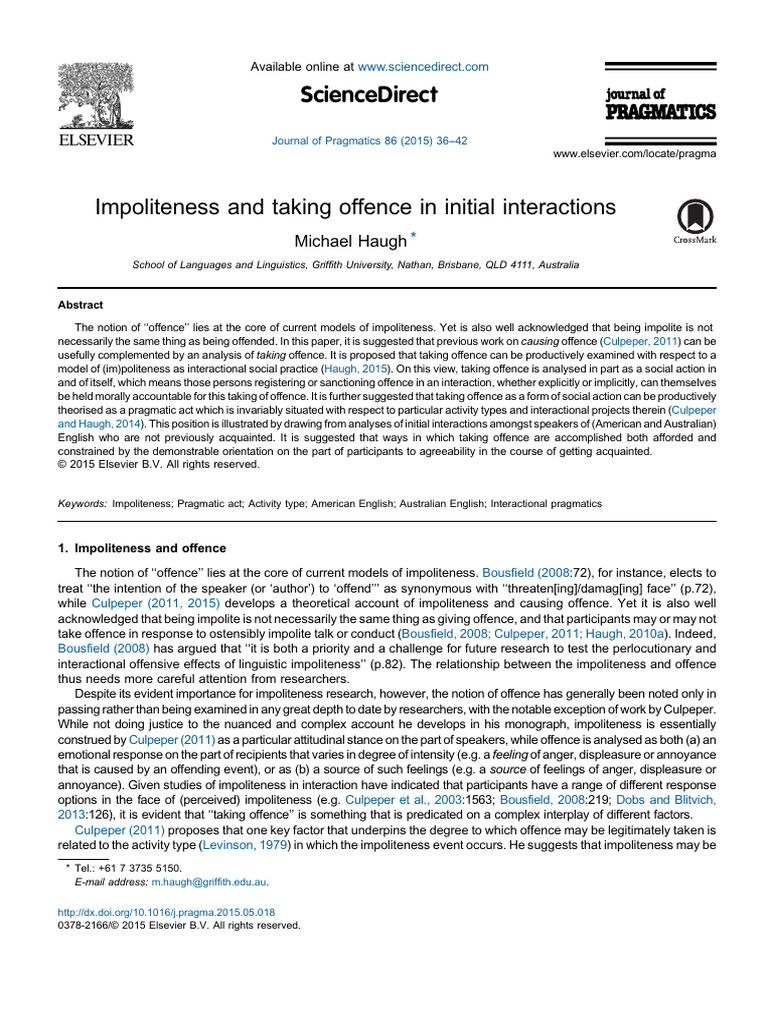 Impoliteness and Taking Offence in Initial Interactions | PDF | Crimes ...