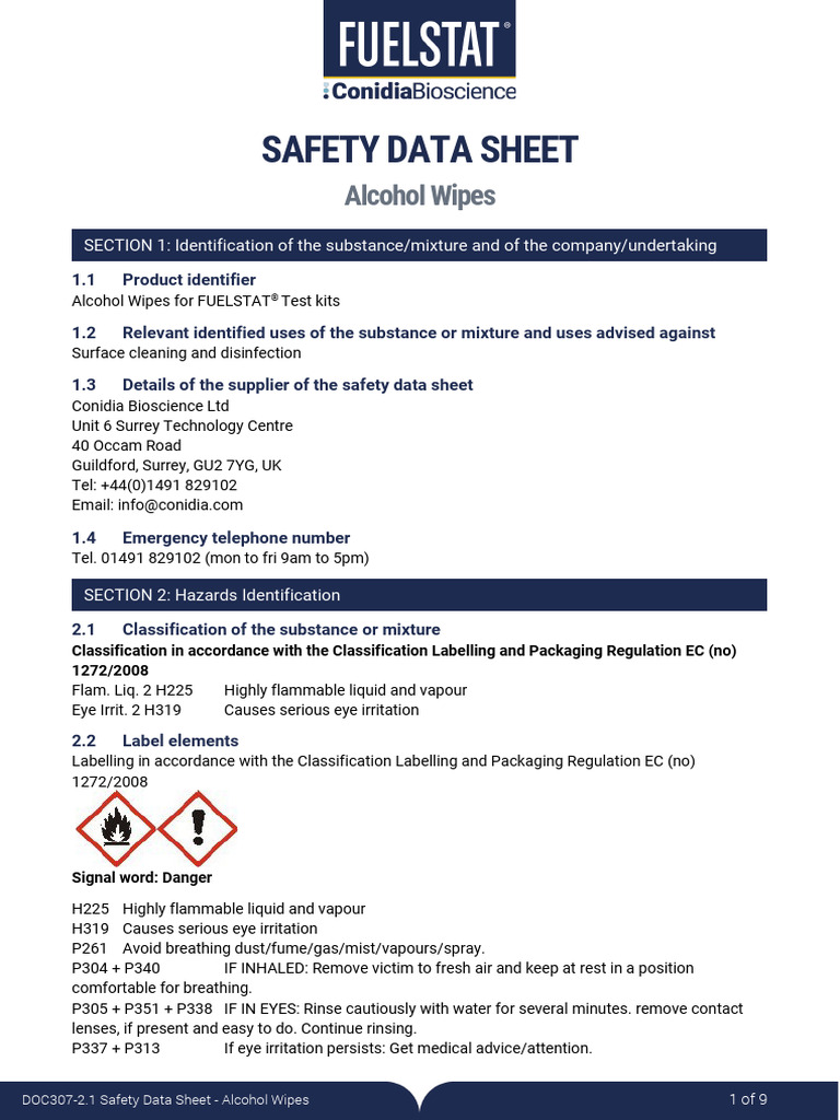 DOC307 2.1 Safety Data Sheet Alcohol Wipes 1 PN FHR8 2 En | PDF ...