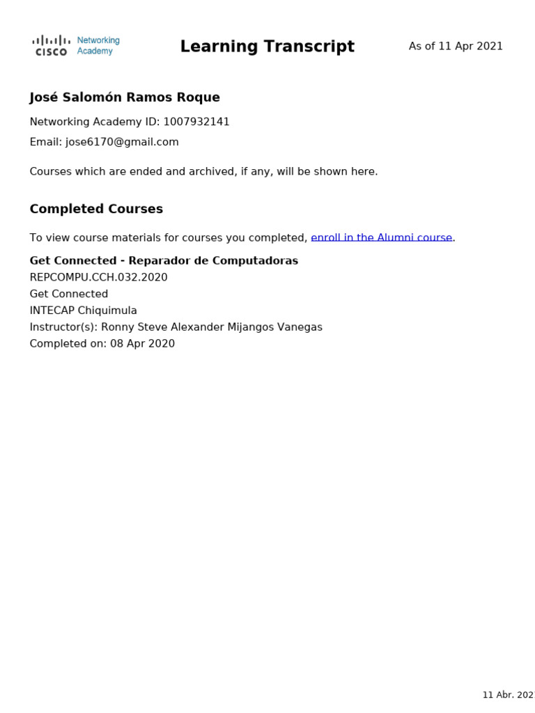 NetAcad Learning Transcript | PDF