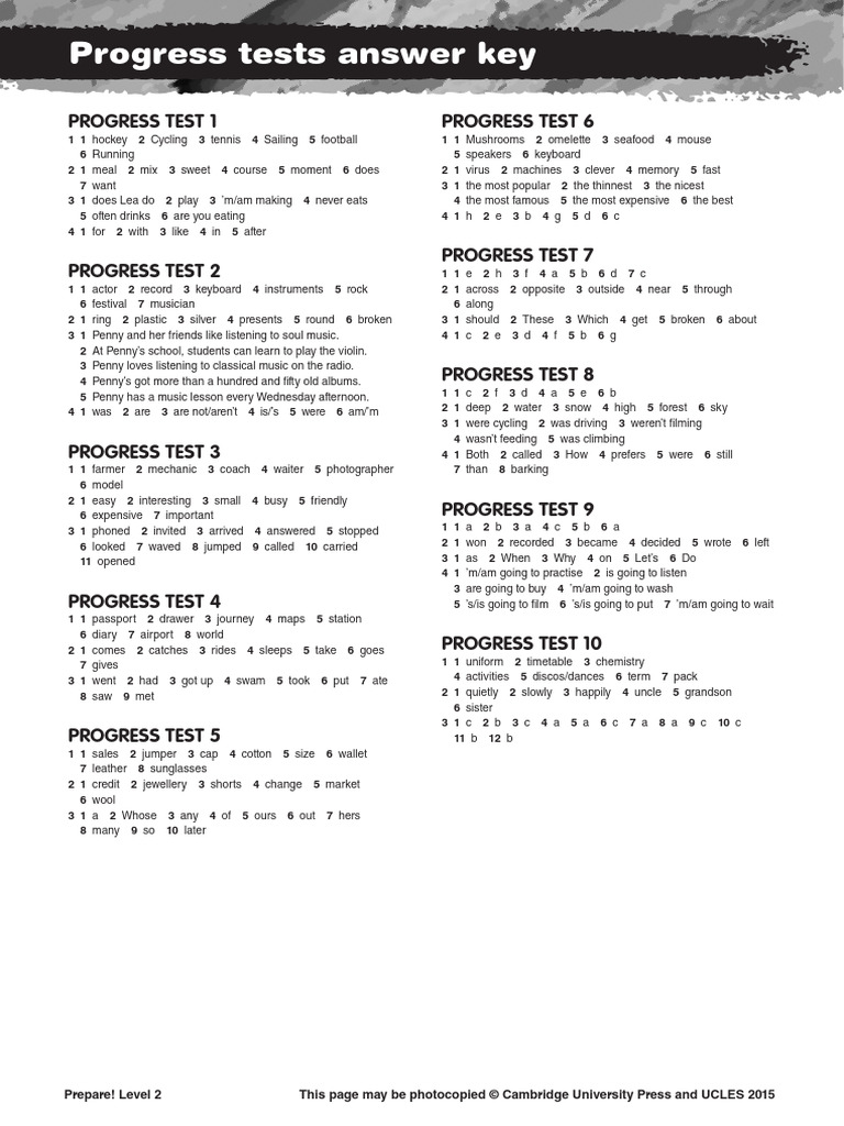 Progress english tests and answer keys for prepare 2 | PDF | Lunch