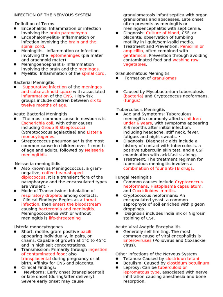 INFECTION OF THE NERVOUS SYSTEM | PDF | Meningitis | Human Diseases And ...