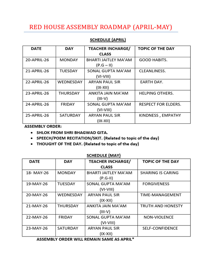 Assembly Schedule Red House | PDF