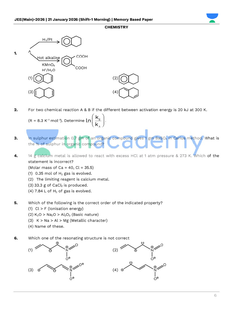 Chemistry_JM_Shift-1__21-01-2026_SC (1) | PDF | Isomer | Chemical Compounds