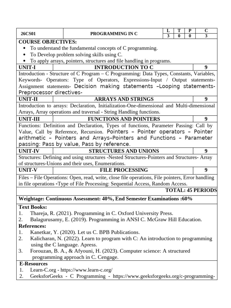 26cs01 Programing in c Updated | PDF | Pointer (Computer Programming ...