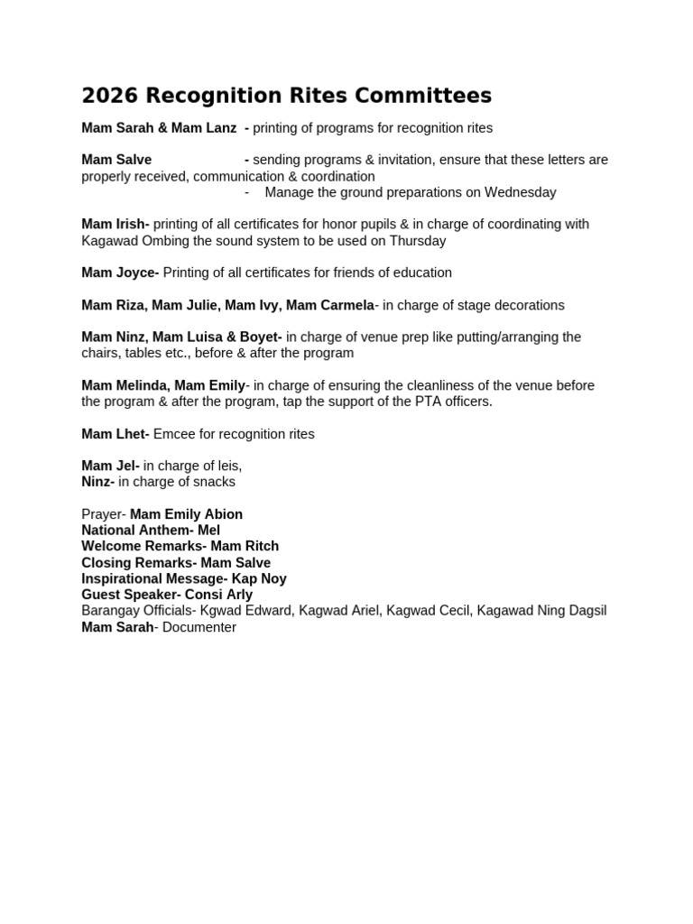 2026 Recognition Rites Committees | PDF