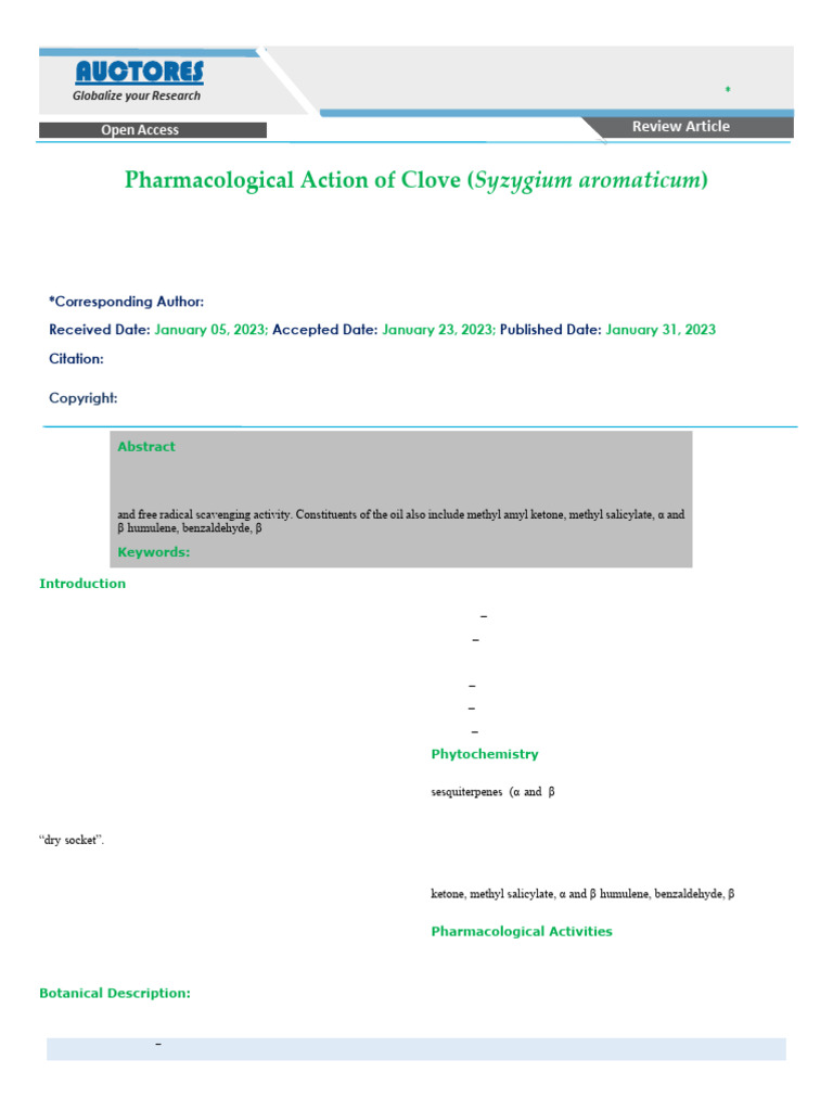Pharmacological Action of Clove Syzygium Aromaticu | PDF | Clove ...