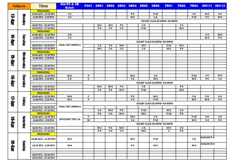Engineering Weekly Schedule Planner (13th April to 19th April)-2026 | PDF