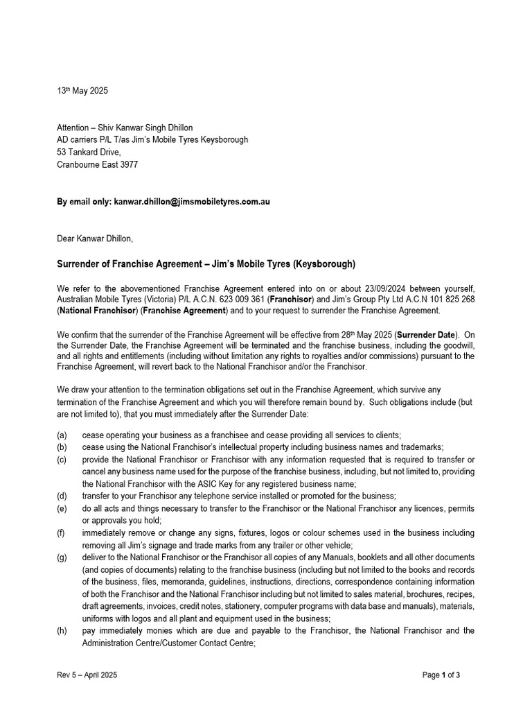 Surrender Letter to Franchisee (Straight Surrender or Resale) - V5 ...