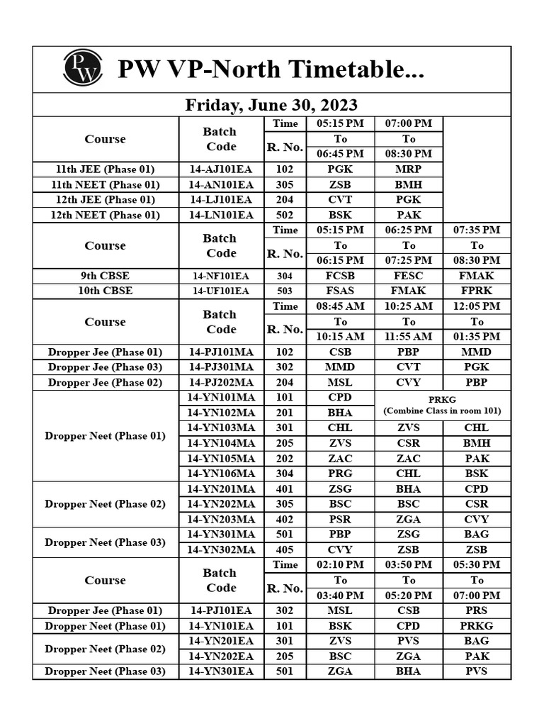 Updated Timetable 30th June 2023. | PDF | Student Assessment And ...